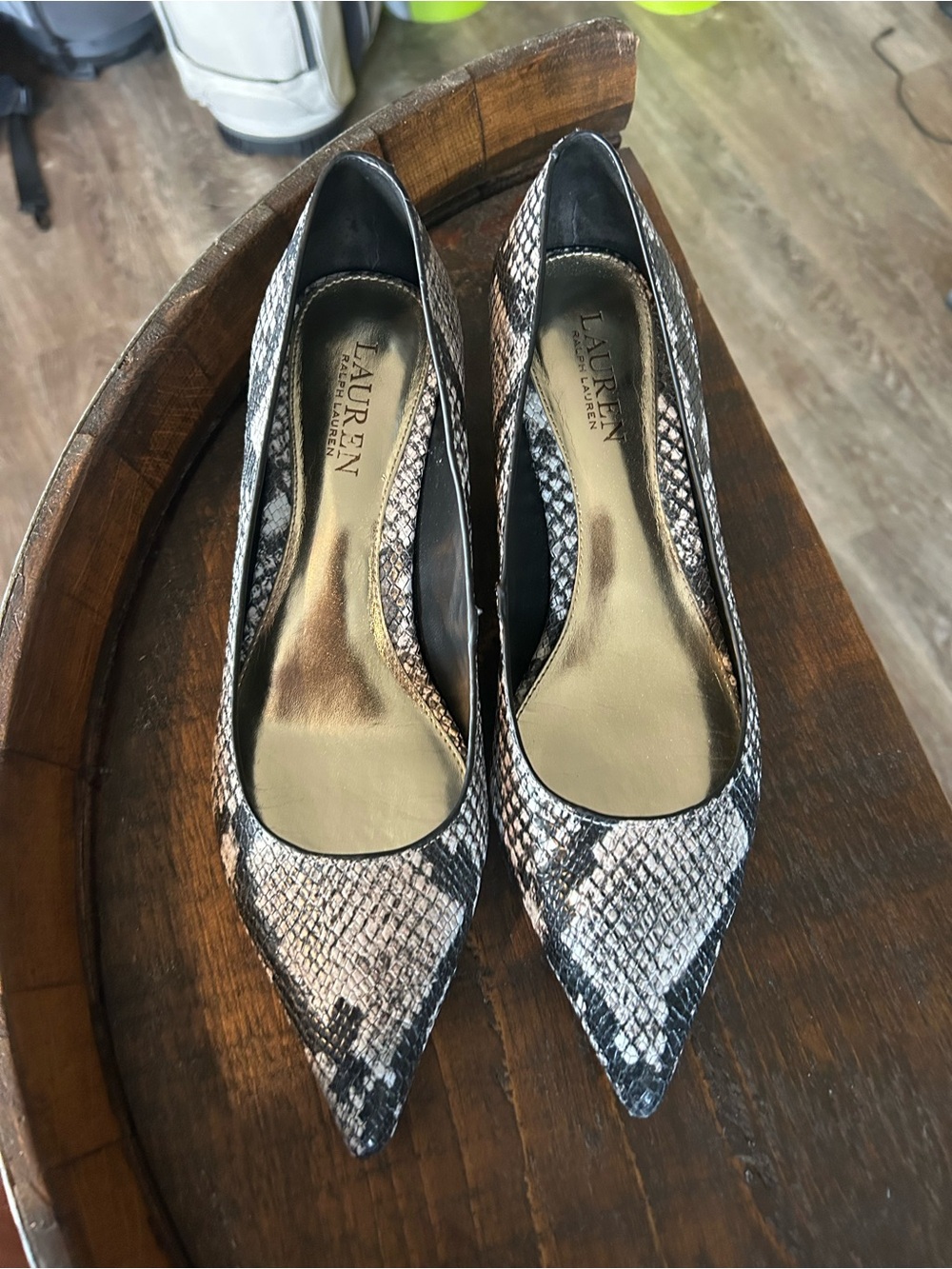Ralph Lauren Snake-Print Pointed Toe Flats in Black and Gray
